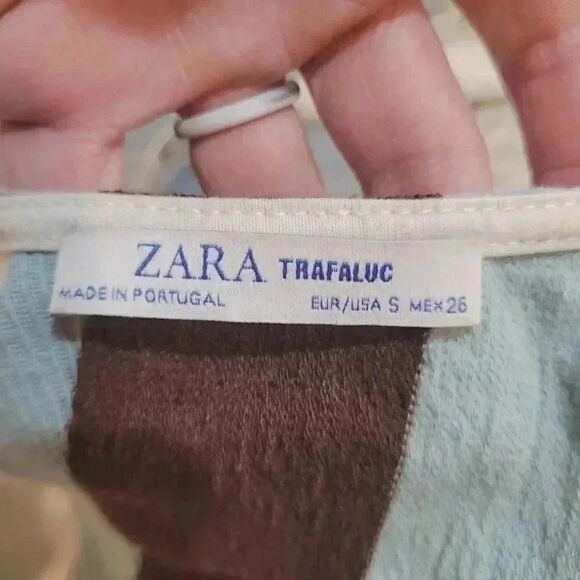 Zara Women's Blue/Cream/Brown Striped Cotton Poly Wrap Shirt - Picture 6 of 12